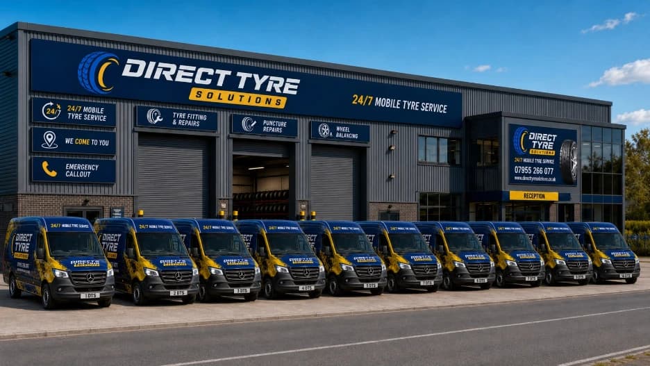 Direct Tyre Solutions fleet of mobile tyre-fitting vans outside the depot at dusk